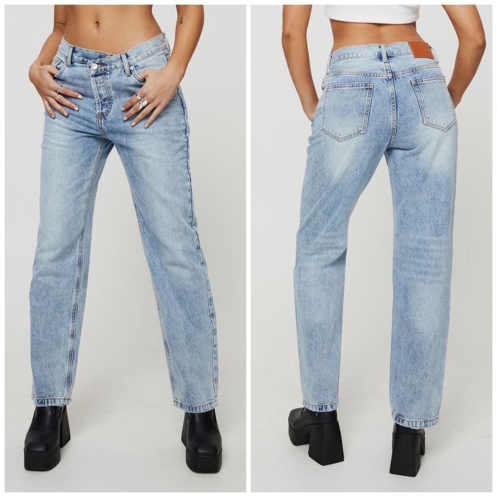 Princess Polly Women Jeans 32 Light Blue Excellent Crossover Waist Straight Leg
